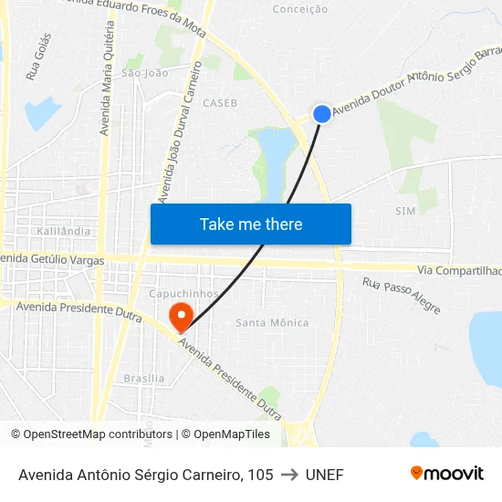 Avenida Antônio Sérgio Carneiro, 105 to UNEF map