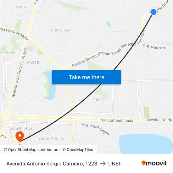 Avenida Antônio Sérgio Carneiro, 1223 to UNEF map