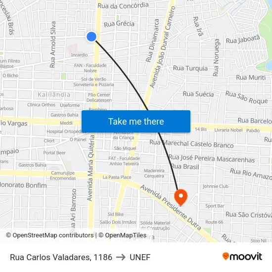 Rua Carlos Valadares, 1186 to UNEF map