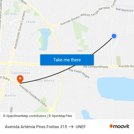 Avenida Artêmia Pires Freitas 315 to UNEF map