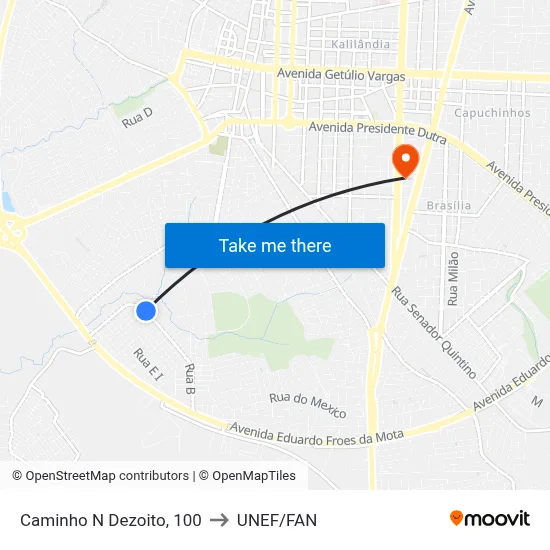 Caminho N Dezoito, 100 to UNEF/FAN map