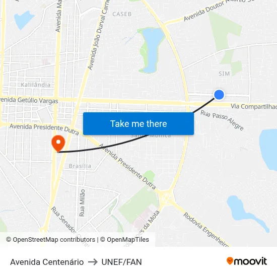 Avenida Centenário to UNEF/FAN map