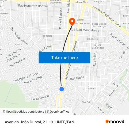 Avenida João Durval, 21 to UNEF/FAN map