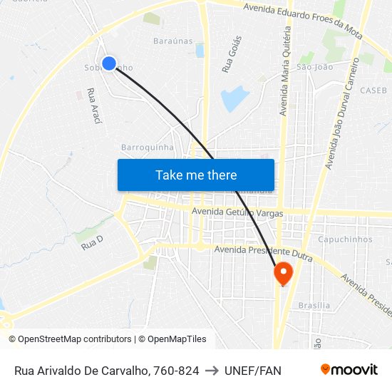 Rua Arivaldo De Carvalho, 760-824 to UNEF/FAN map