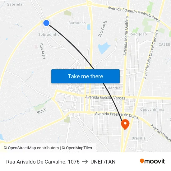 Rua Arivaldo De Carvalho, 1076 to UNEF/FAN map
