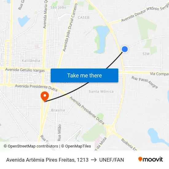 Avenida Artêmia Pires Freitas, 1213 to UNEF/FAN map