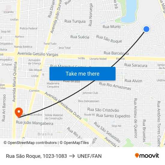 Rua São Roque, 1023-1083 to UNEF/FAN map