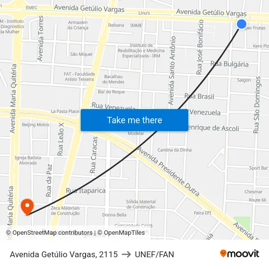 Avenida Getúlio Vargas, 2115 to UNEF/FAN map