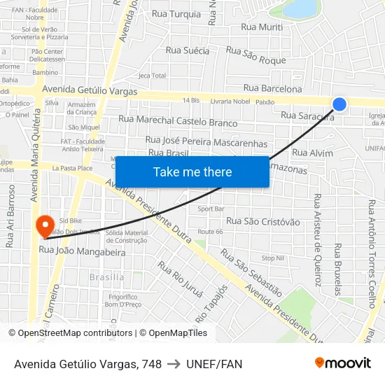 Avenida Getúlio Vargas, 748 to UNEF/FAN map