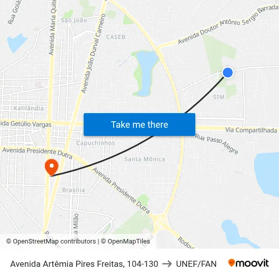 Avenida Artêmia Pires Freitas, 104-130 to UNEF/FAN map