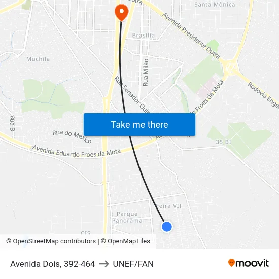 Avenida Dois, 392-464 to UNEF/FAN map