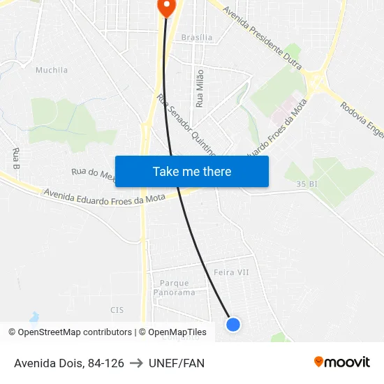 Avenida Dois, 84-126 to UNEF/FAN map