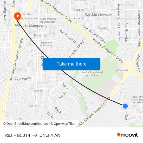 Rua Pax, 314 to UNEF/FAN map