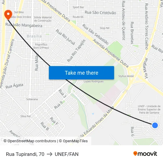 Rua Tupirandi, 70 to UNEF/FAN map
