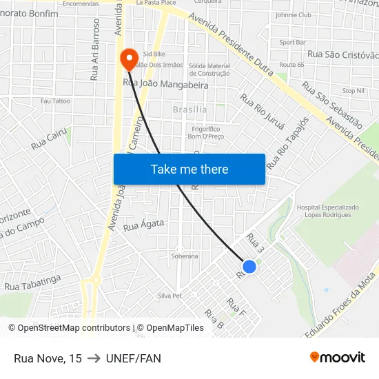 Rua Nove, 15 to UNEF/FAN map