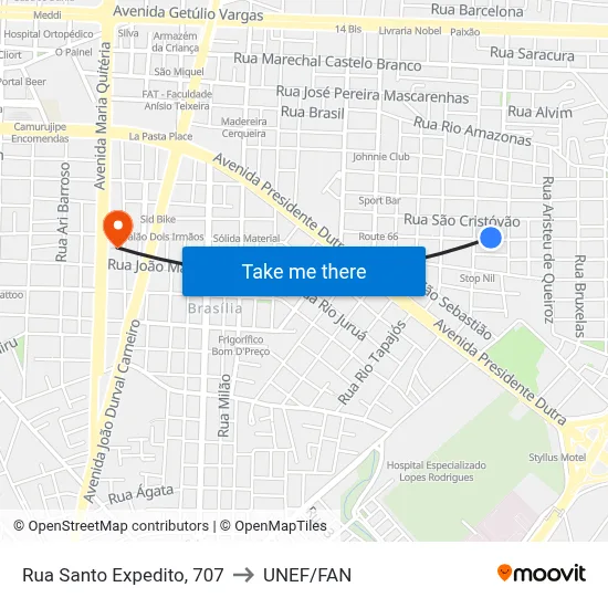Rua Santo Expedito, 707 to UNEF/FAN map