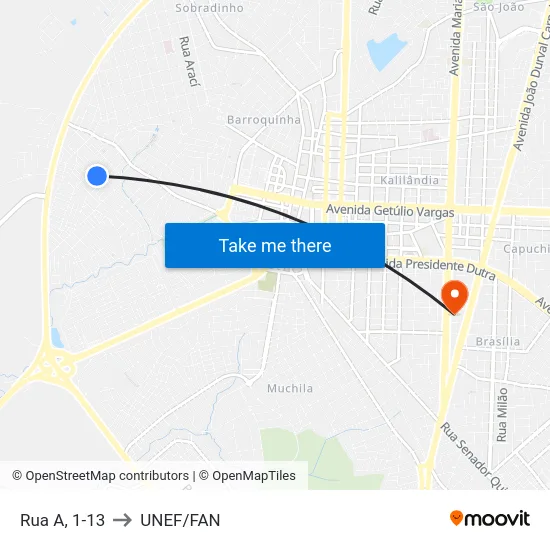 Rua A, 1-13 to UNEF/FAN map