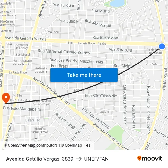 Avenida Getúlio Vargas, 3839 to UNEF/FAN map