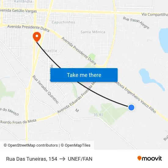 Rua Das Tuneiras, 154 to UNEF/FAN map