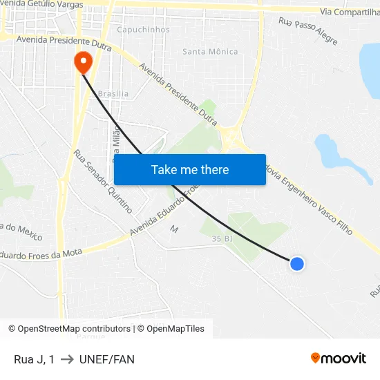 Rua J, 1 to UNEF/FAN map
