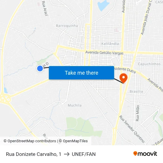 Rua Donizete Carvalho, 1 to UNEF/FAN map