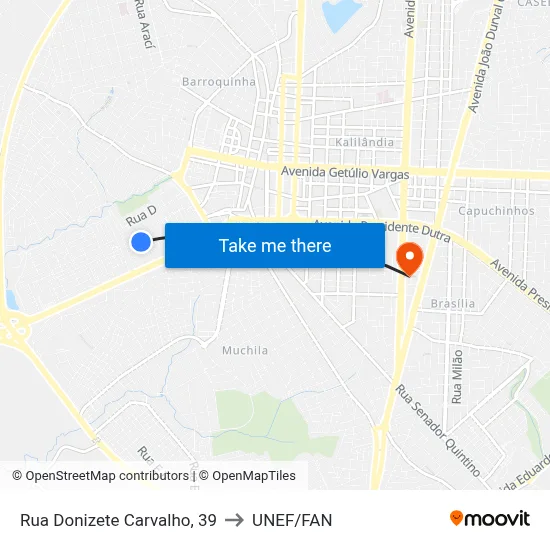 Rua Donizete Carvalho, 39 to UNEF/FAN map