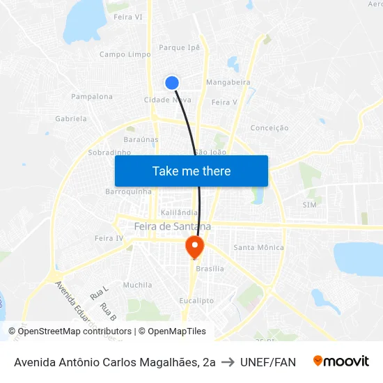 Avenida Antônio Carlos Magalhães, 2a to UNEF/FAN map