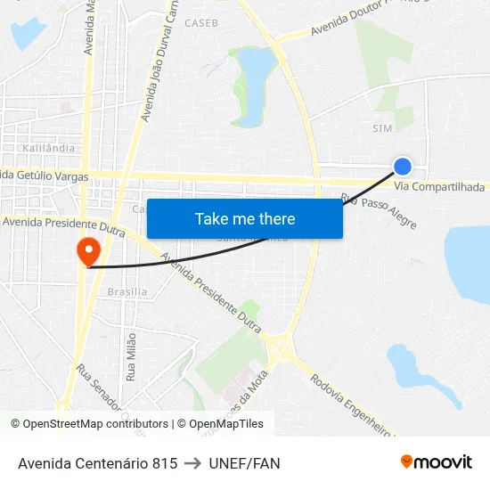 Avenida Centenário 815 to UNEF/FAN map