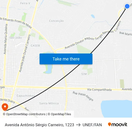 Avenida Antônio Sérgio Carneiro, 1223 to UNEF/FAN map
