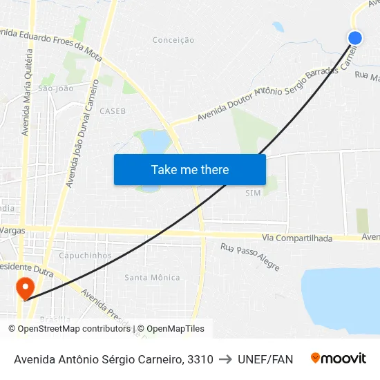 Avenida Antônio Sérgio Carneiro, 3310 to UNEF/FAN map