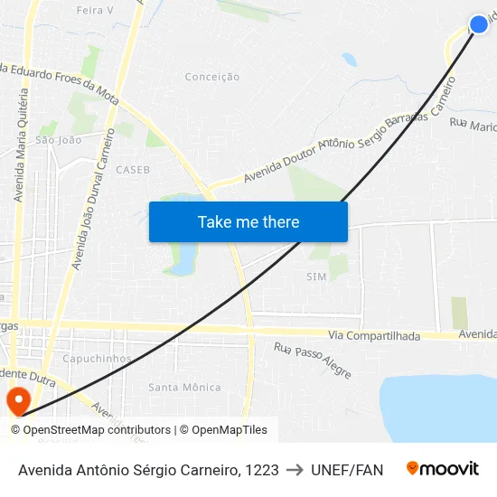 Avenida Antônio Sérgio Carneiro, 1223 to UNEF/FAN map