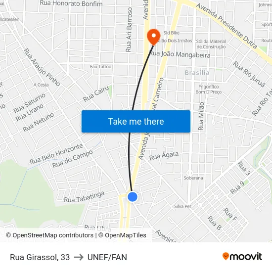 Rua Girassol, 33 to UNEF/FAN map