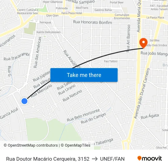 Rua Doutor Macário Cerqueira, 3152 to UNEF/FAN map