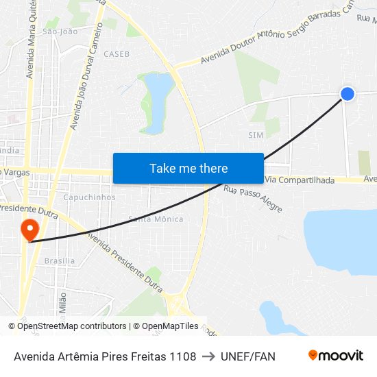 Avenida Artêmia Pires Freitas 1108 to UNEF/FAN map