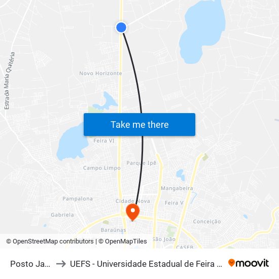 Posto Jaguar to UEFS - Universidade Estadual de Feira de Santana map