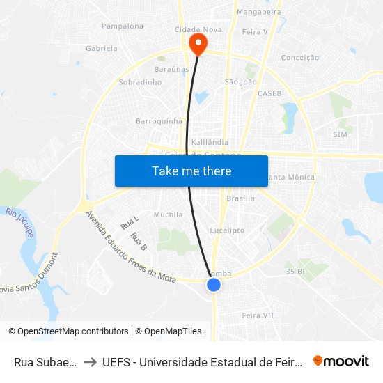 Rua Subae, 120 to UEFS - Universidade Estadual de Feira de Santana map