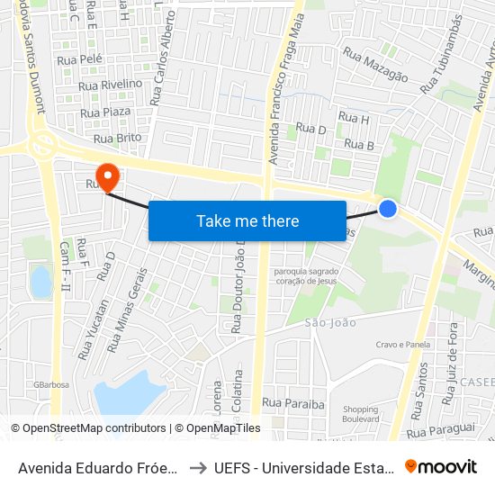 Avenida Eduardo Fróes Da Mota, 4170-4188 to UEFS - Universidade Estadual de Feira de Santana map