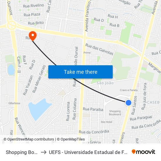Shopping Boulevard to UEFS - Universidade Estadual de Feira de Santana map