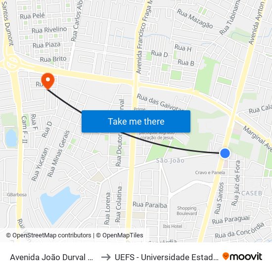 Avenida João Durval Carneiro, 1770-2348 to UEFS - Universidade Estadual de Feira de Santana map