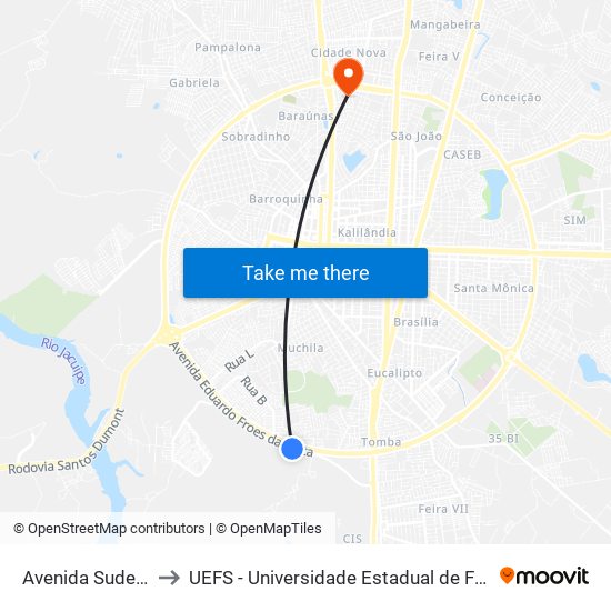 Avenida Sudene, 193 to UEFS - Universidade Estadual de Feira de Santana map