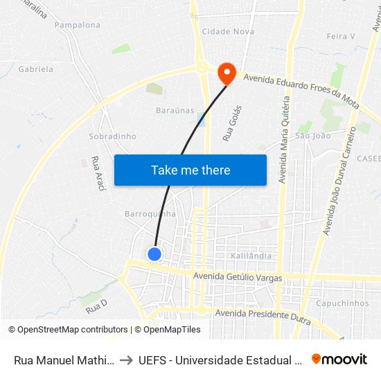 Rua Manuel Mathias, 402-476 to UEFS - Universidade Estadual de Feira de Santana map