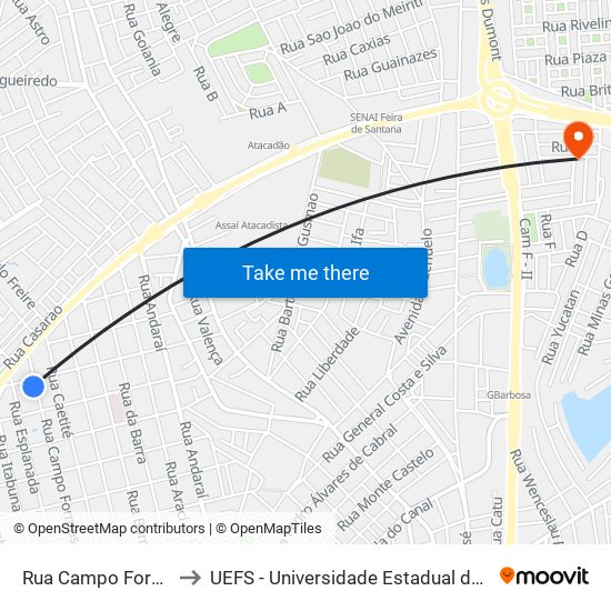 Rua Campo Formoso, 839 to UEFS - Universidade Estadual de Feira de Santana map