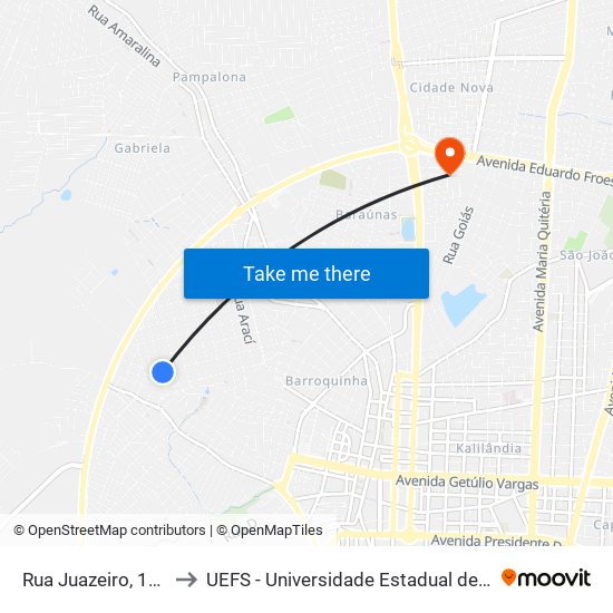 Rua Juazeiro, 1176-1198 to UEFS - Universidade Estadual de Feira de Santana map