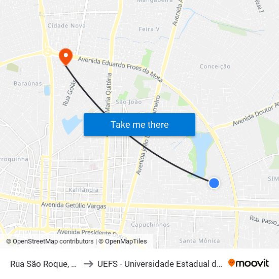 Rua São Roque, 1023-1083 to UEFS - Universidade Estadual de Feira de Santana map