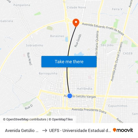 Avenida Getúlio Vargas, 225 to UEFS - Universidade Estadual de Feira de Santana map