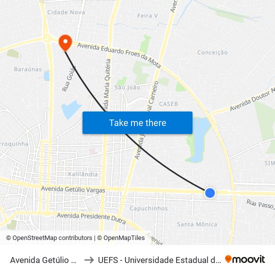 Avenida Getúlio Vargas, 748 to UEFS - Universidade Estadual de Feira de Santana map