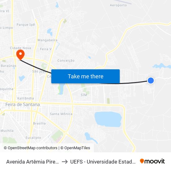 Avenida Artêmia Pires Freitas, 185-245 to UEFS - Universidade Estadual de Feira de Santana map