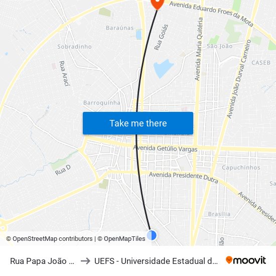 Rua Papa João Xxiii, 1251 to UEFS - Universidade Estadual de Feira de Santana map