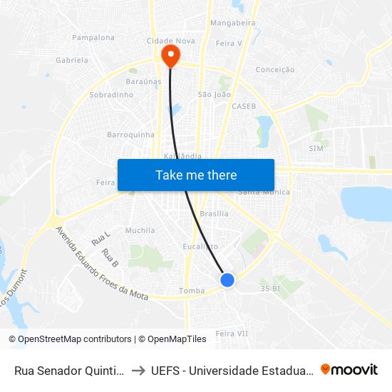 Rua Senador Quintino, 3021-3111 to UEFS - Universidade Estadual de Feira de Santana map