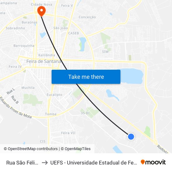 Rua São Félix, 1-25 to UEFS - Universidade Estadual de Feira de Santana map